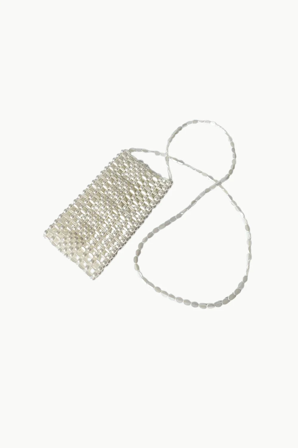 Shimmering white beaded crossbody phone bag with a long strap, perfect for stylish outings