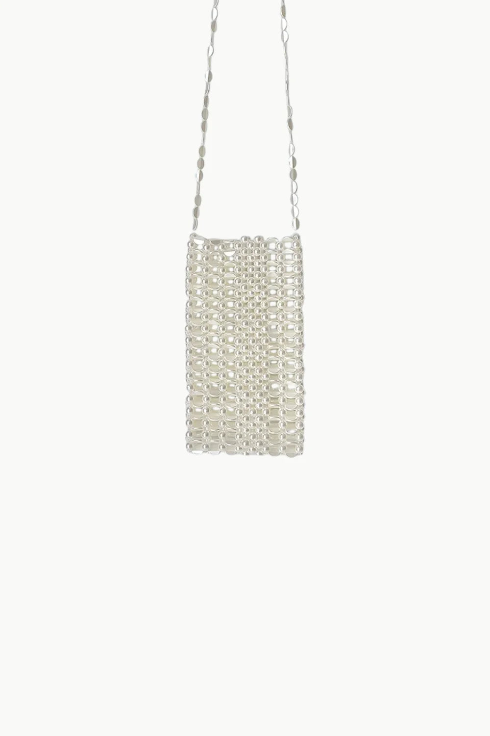 White crossbody phone bag with beaded rectangular design and long chain strap