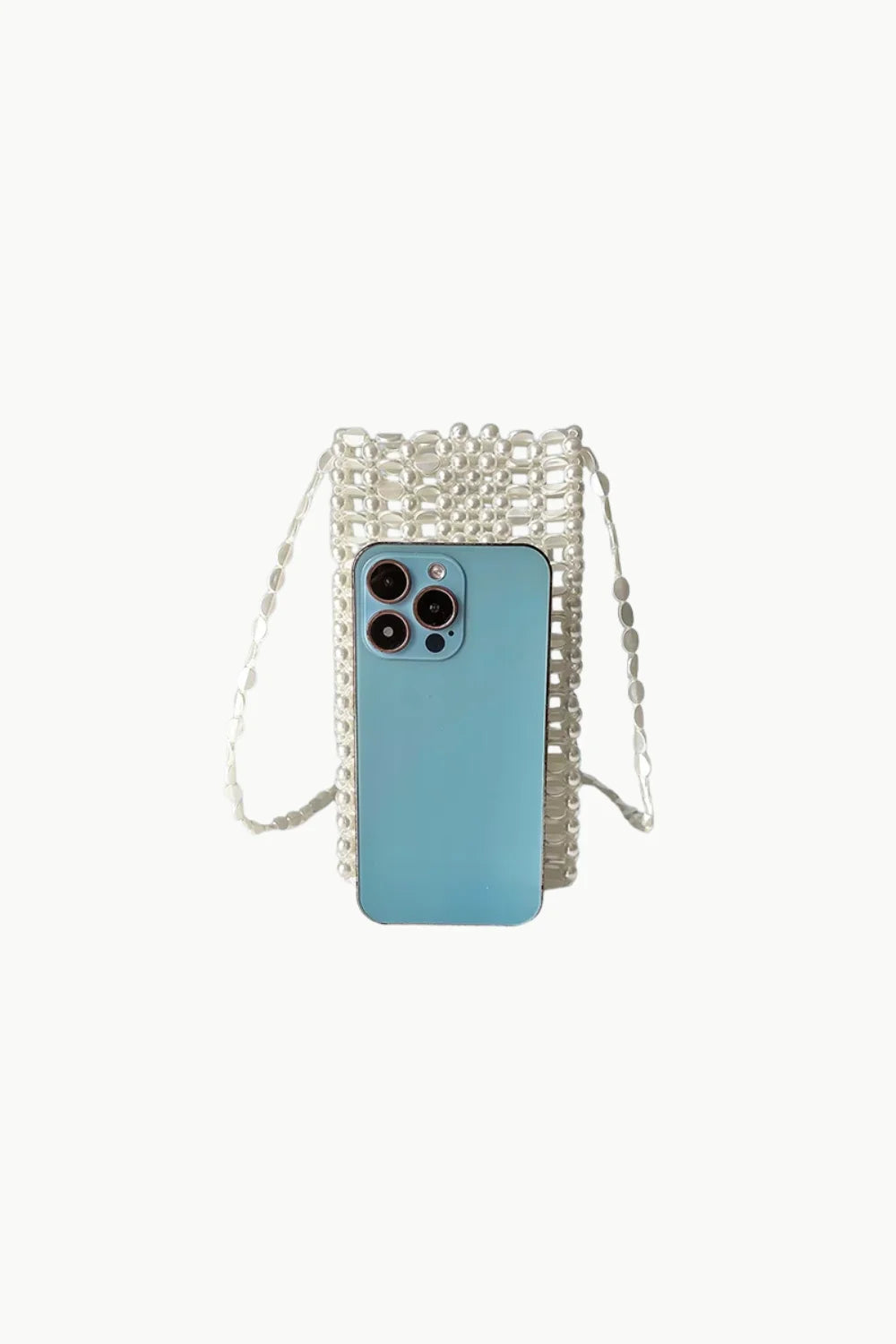 Light blue smartphone partially in a White Crossbody Phone Bag, a stylish crossbody phone bag