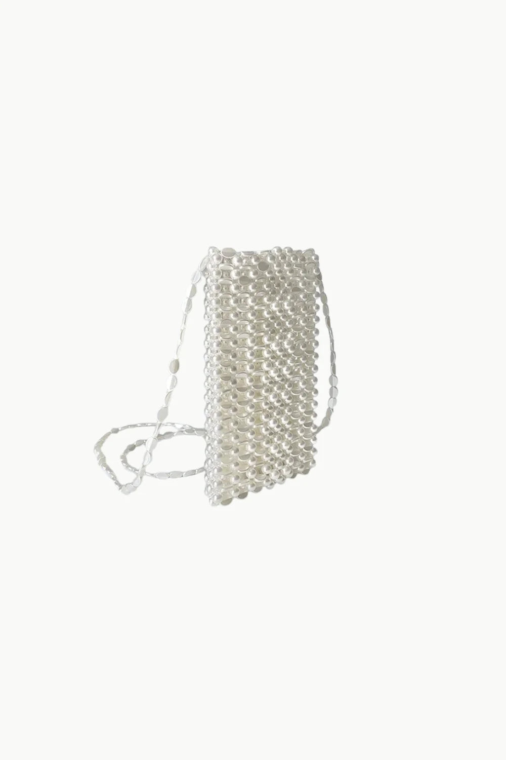 White crossbody phone bag with beaded rectangular design and long strap for stylish carrying
