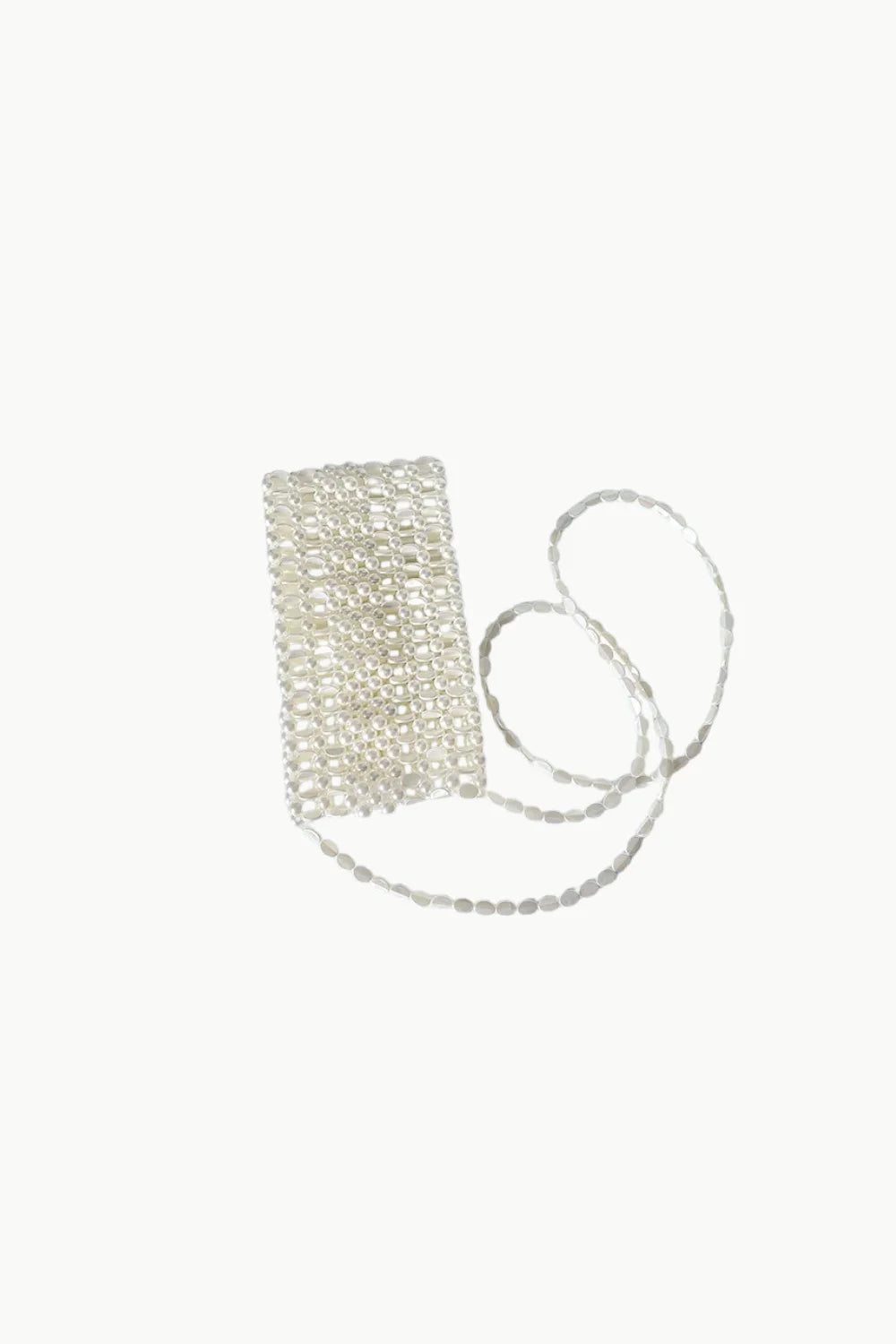 Silver-colored rectangular beaded white crossbody phone bag with long beaded strap