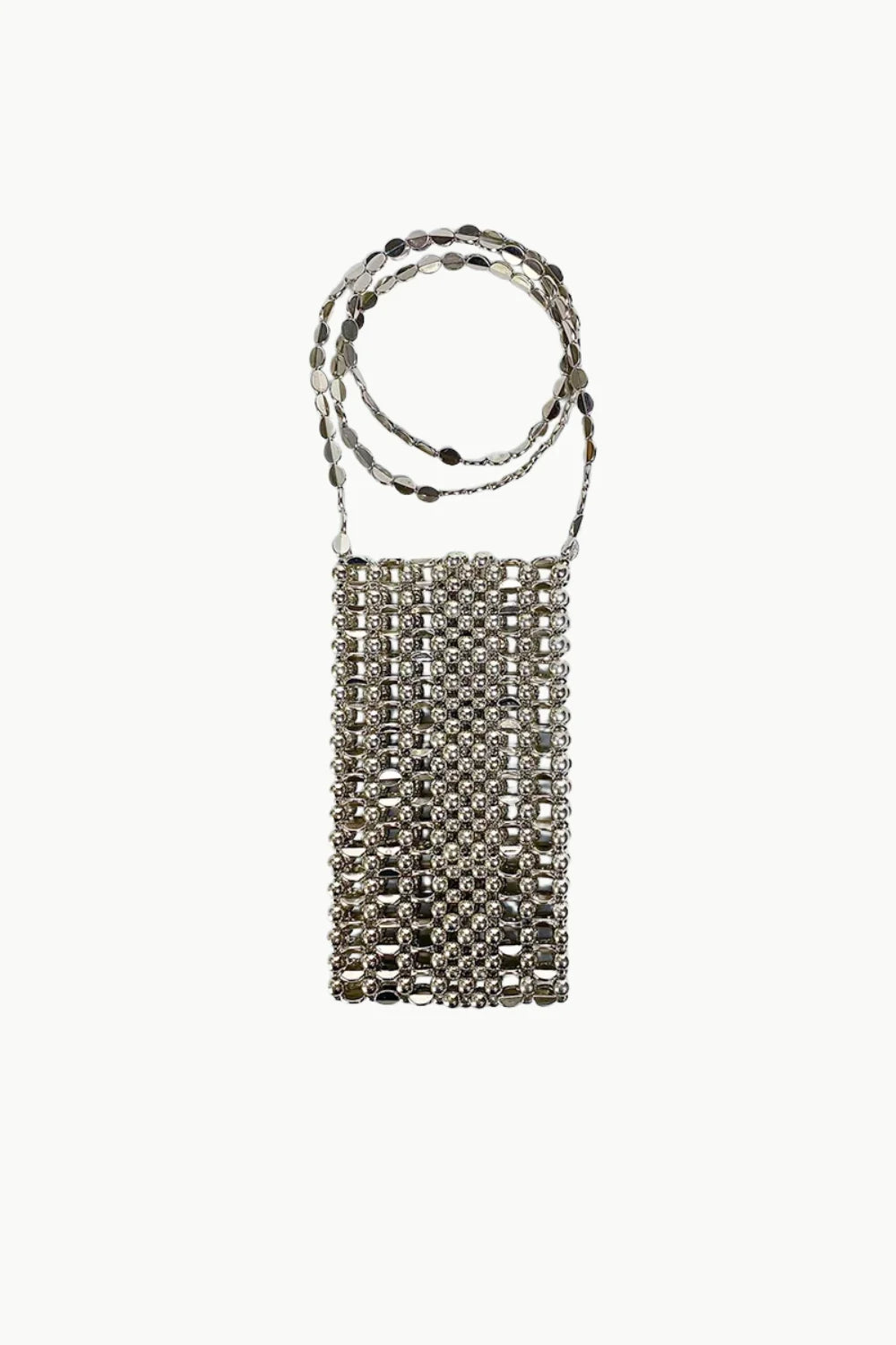 White crossbody phone bag with silver-toned beaded shoulder strap and long strap