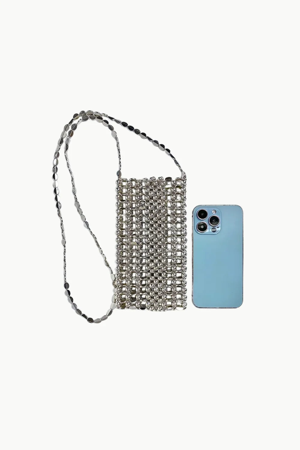 Silver beaded crossbody phone bag displayed with a White Crossbody Phone Bag design