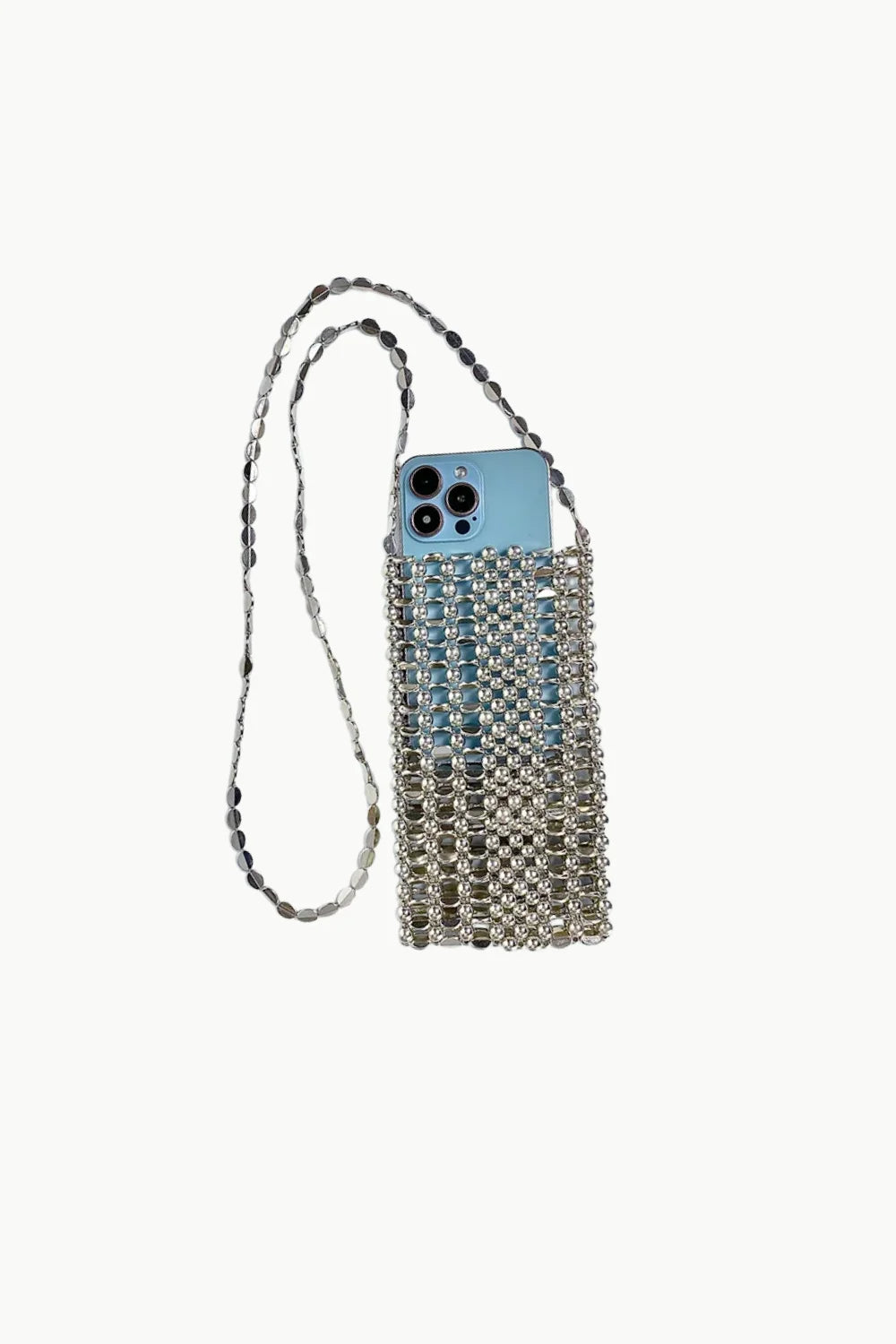 Silver beaded white crossbody phone bag with long shoulder strap for stylish convenience