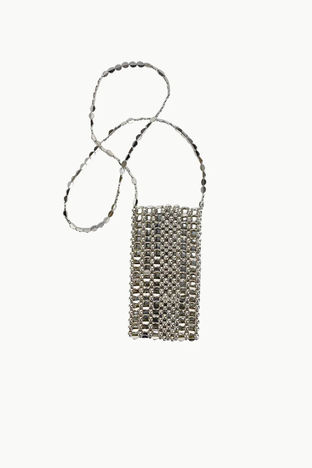 Silver beaded shoulder bag with rectangular body and long strap for white crossbody phone style