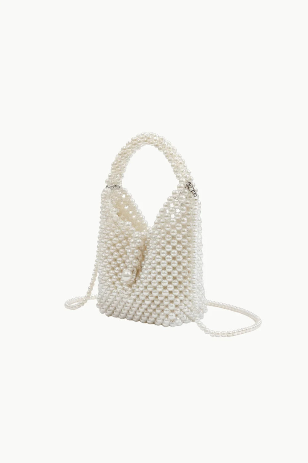 White pearl bag featuring beaded bucket design with top handle and detachable strap