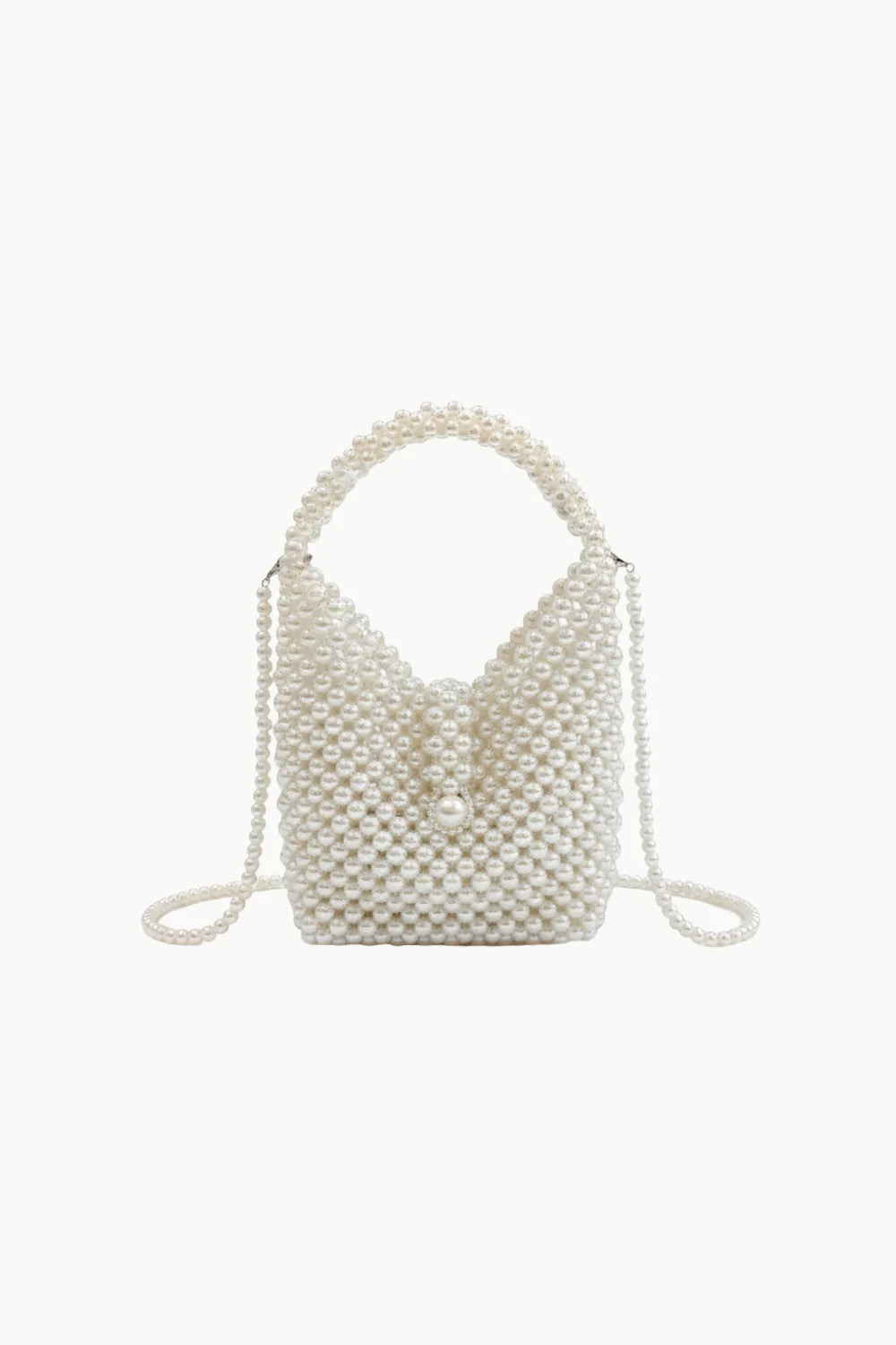 White Pearl Bag featuring a white pearl beaded design with top handle and shoulder strap