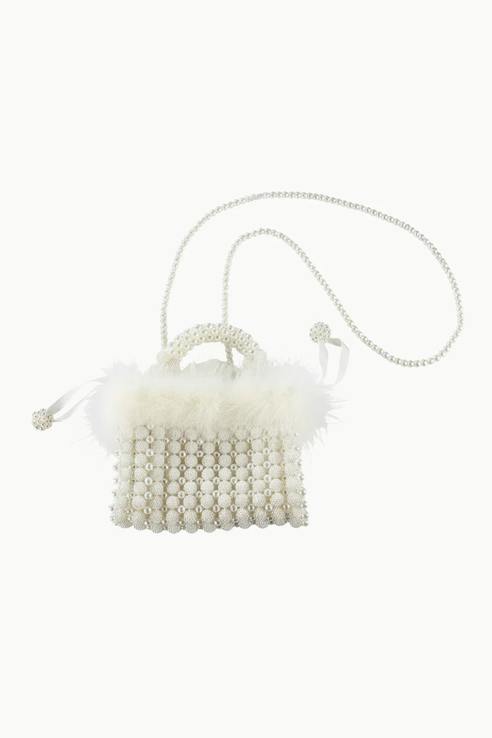 White pearl beaded bag with fluffy trim and long shoulder strap for elegant style