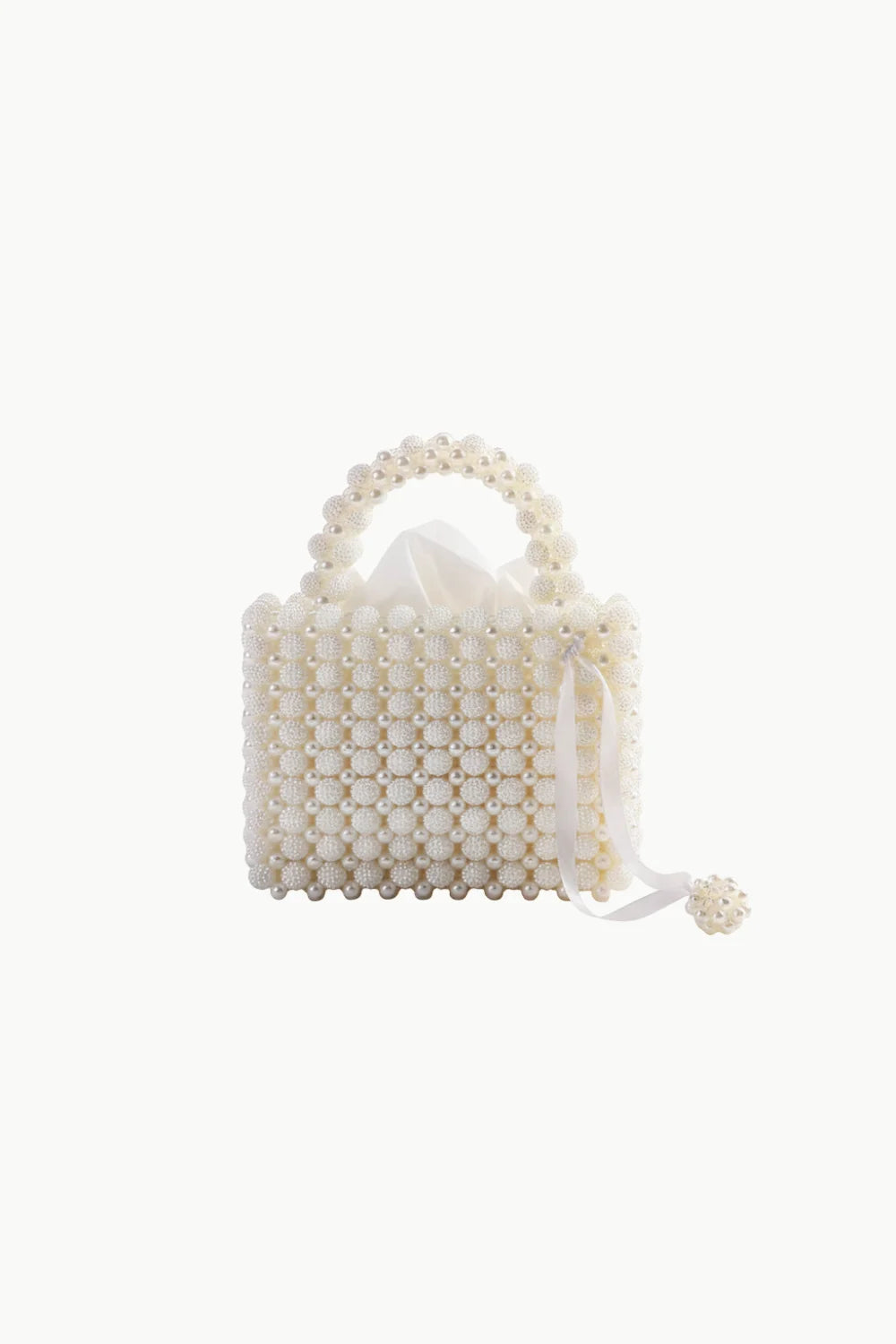 White Pearl Beaded Bag with Top Handle and Ribbon Detail, Elegant Beaded Bag for Women