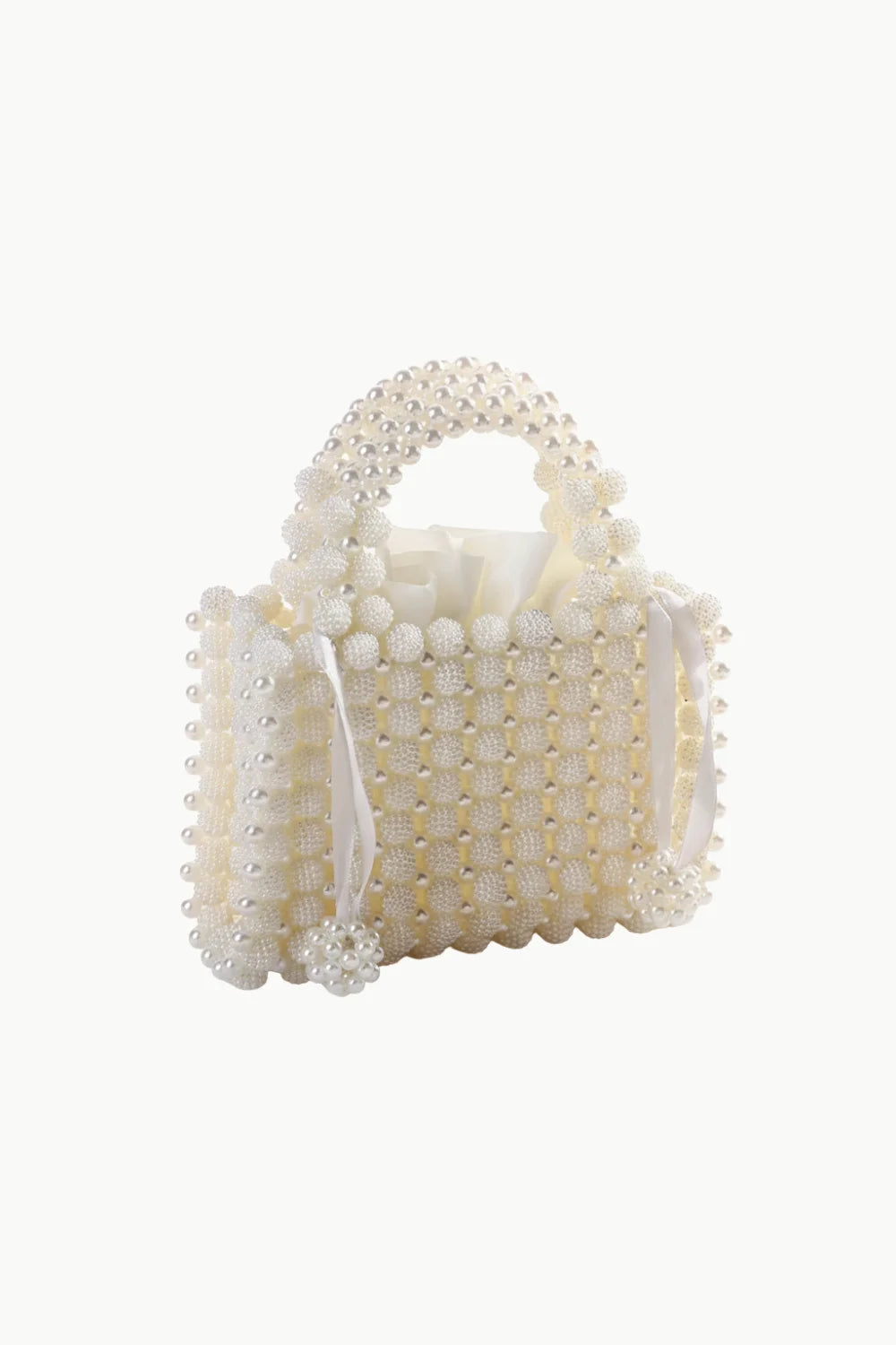 White pearl beaded bag with pearl handle, stylish off-white beaded bag for elegant occasions