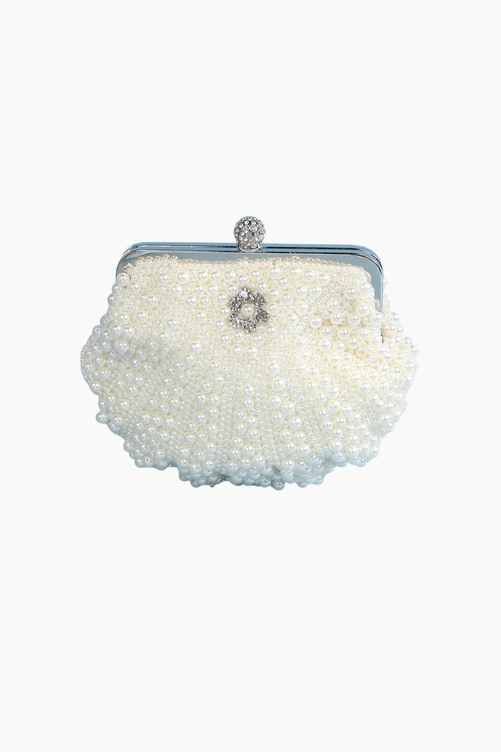 White pearl clutch bag with silver frame and jeweled clasp, perfect for evening events