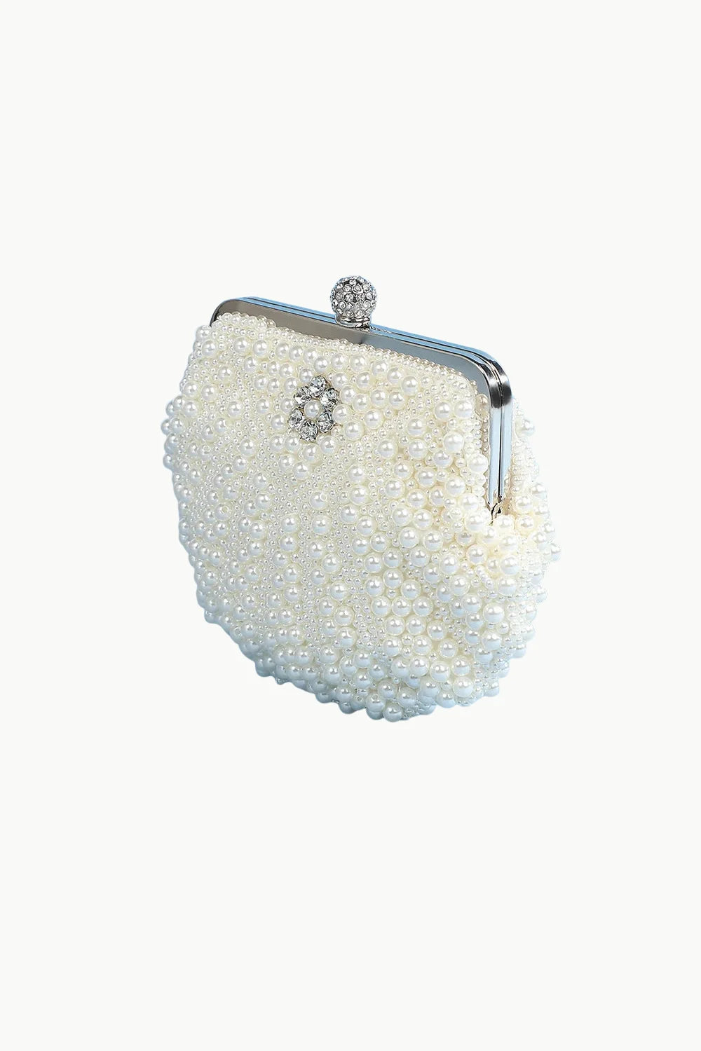 White pearl clutch bag with rhinestone clasp and silver frame, perfect for elegant occasions