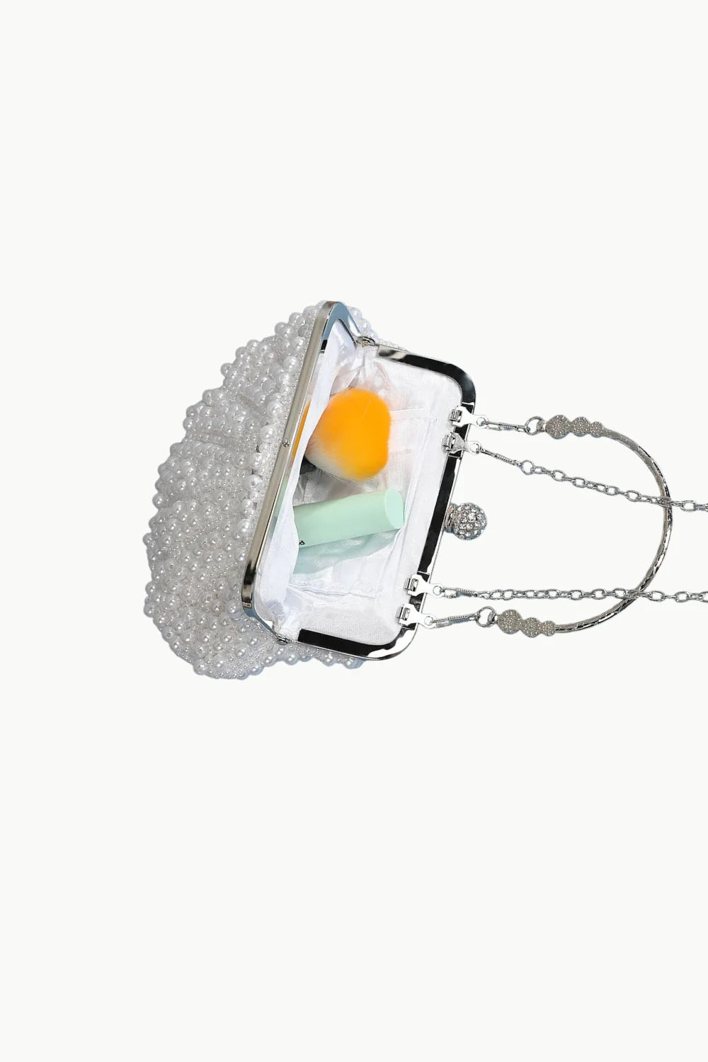 Open silver-beaded white pearl clutch bag with chain strap for elegant evening wear