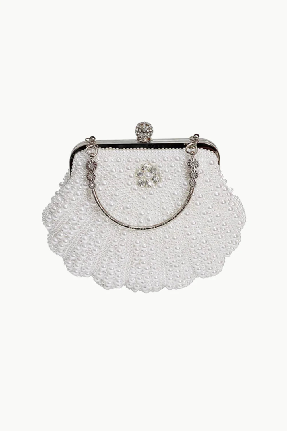 White pearl clutch bag with shell shape, beaded exterior, jeweled clasp, and metal handle