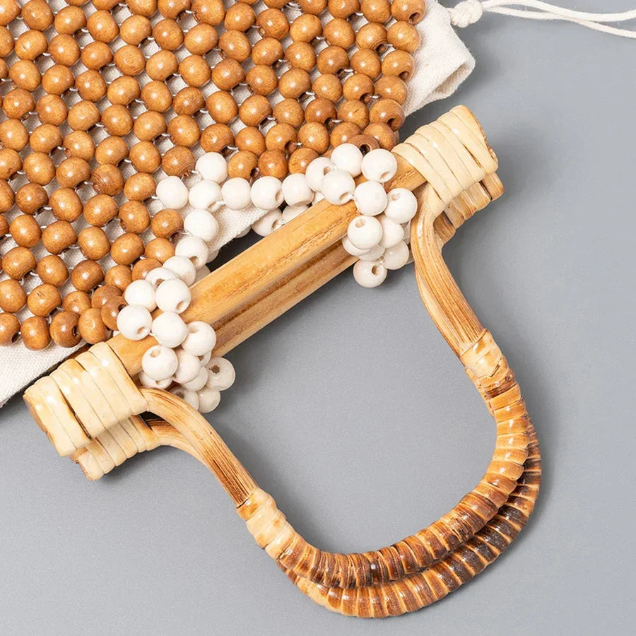 Beaded wooden bag with bamboo handle, stylish wood bead purse for trendy accessories