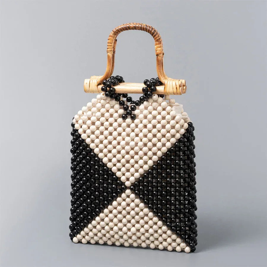 Black and white beaded wood bead purse with wooden handle for stylish accessory
