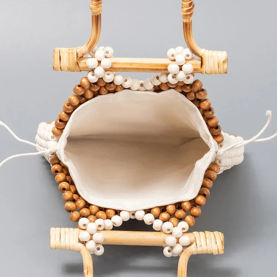 Hexagonal wooden bead purse with fabric lining and drawstring closure