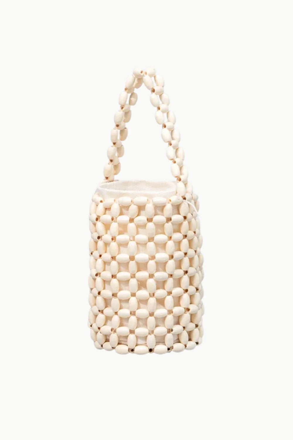 Cream-colored cylindrical beaded bucket bag with top handle, stylish beaded bucket bag