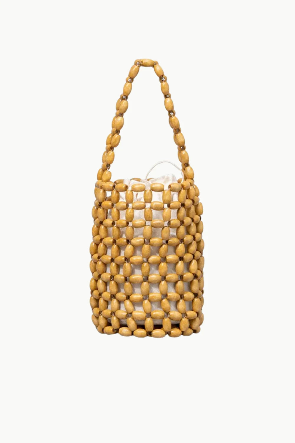 Wood Beaded Bucket Bag with White Fabric Lining, Stylish Beaded Bucket Bag Accessory