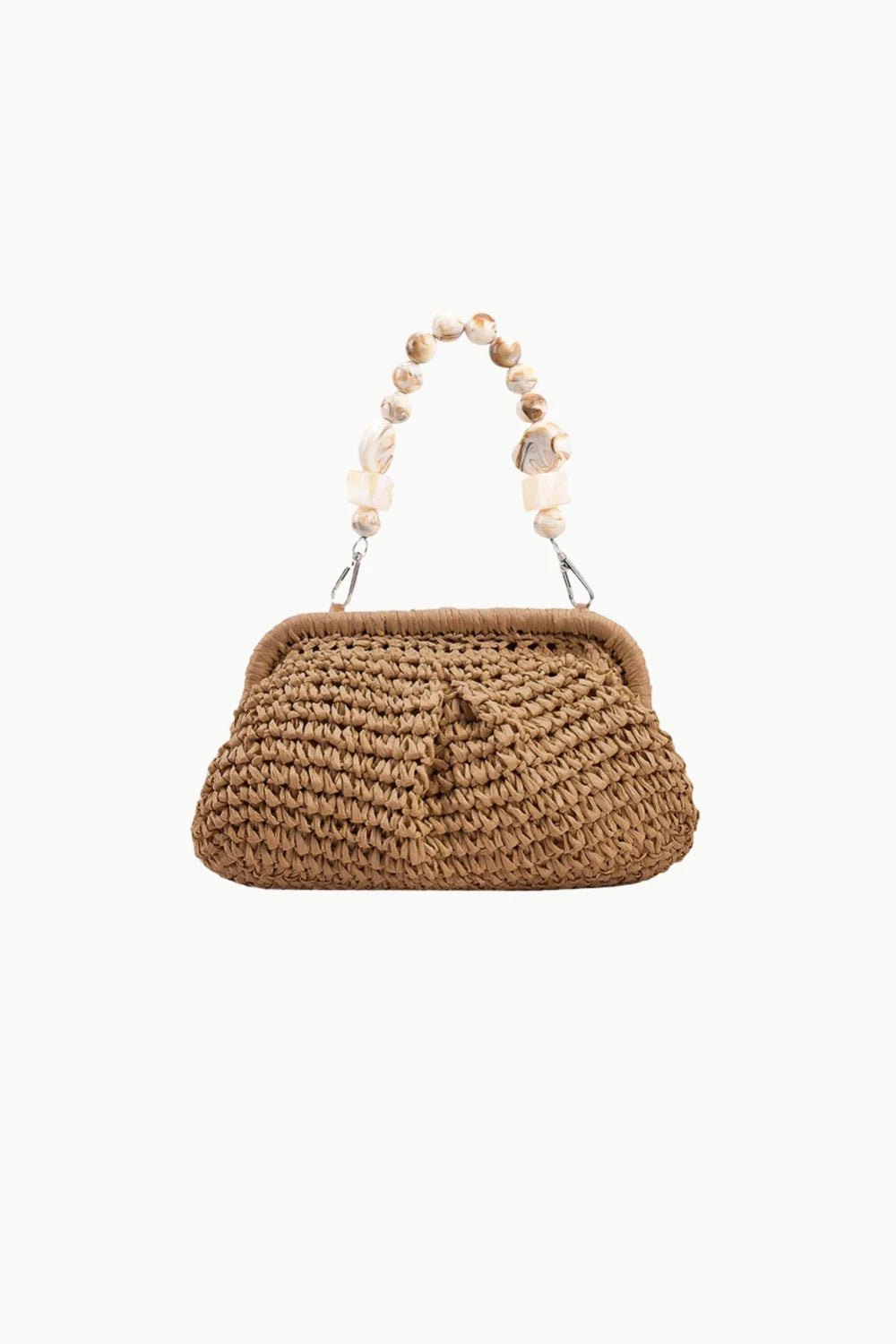 Brown woven straw clutch bag with seashell and bead handle, stylish beaded shoulder bag