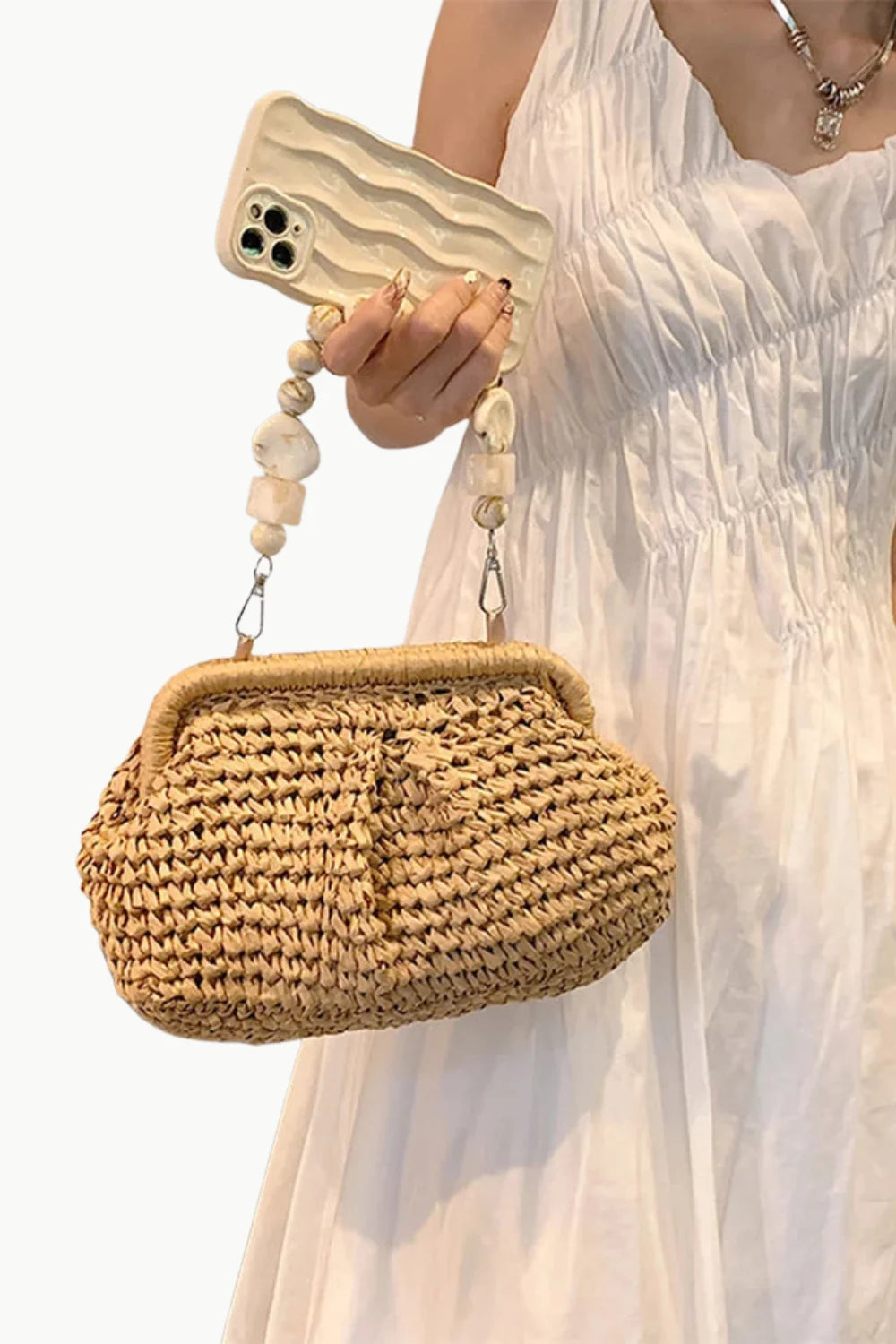 Woven straw clutch bag with beaded strap and phone case, perfect beaded shoulder bag