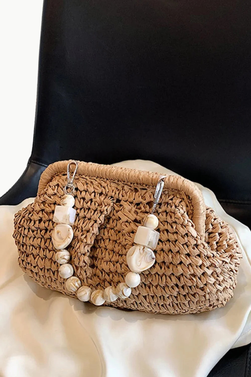 Woven straw clutch bag with pearl and stone beaded shoulder handle, perfect beaded shoulder bag