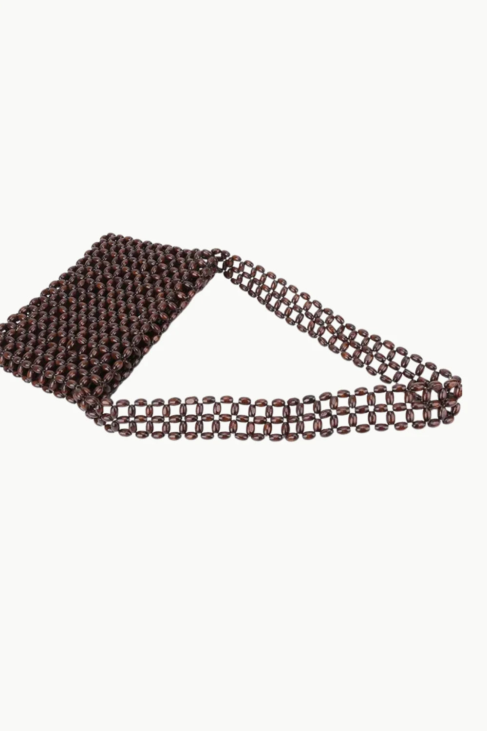 Dark brown beaded wood messenger bag with rectangular body and short strap for stylish storage