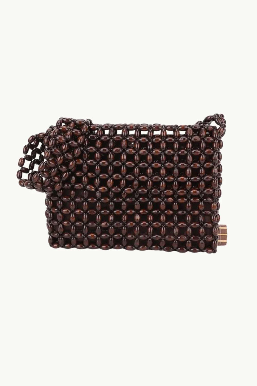 Dark brown beaded clutch bag with short strap, perfect as a wood messenger bag accessory
