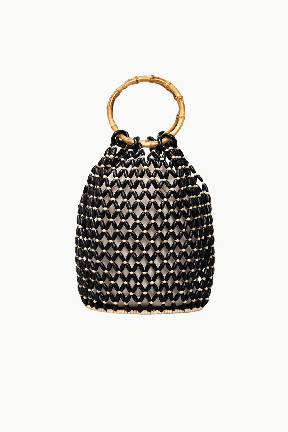 Black beaded bucket bag with bamboo ring handle, stylish wooden bead bucket accessory