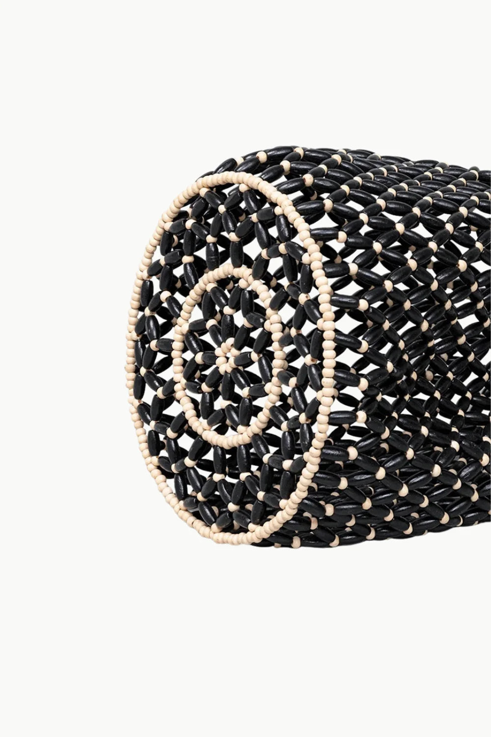 Black and white beaded cylindrical bucket bag with spiral wooden bead pattern