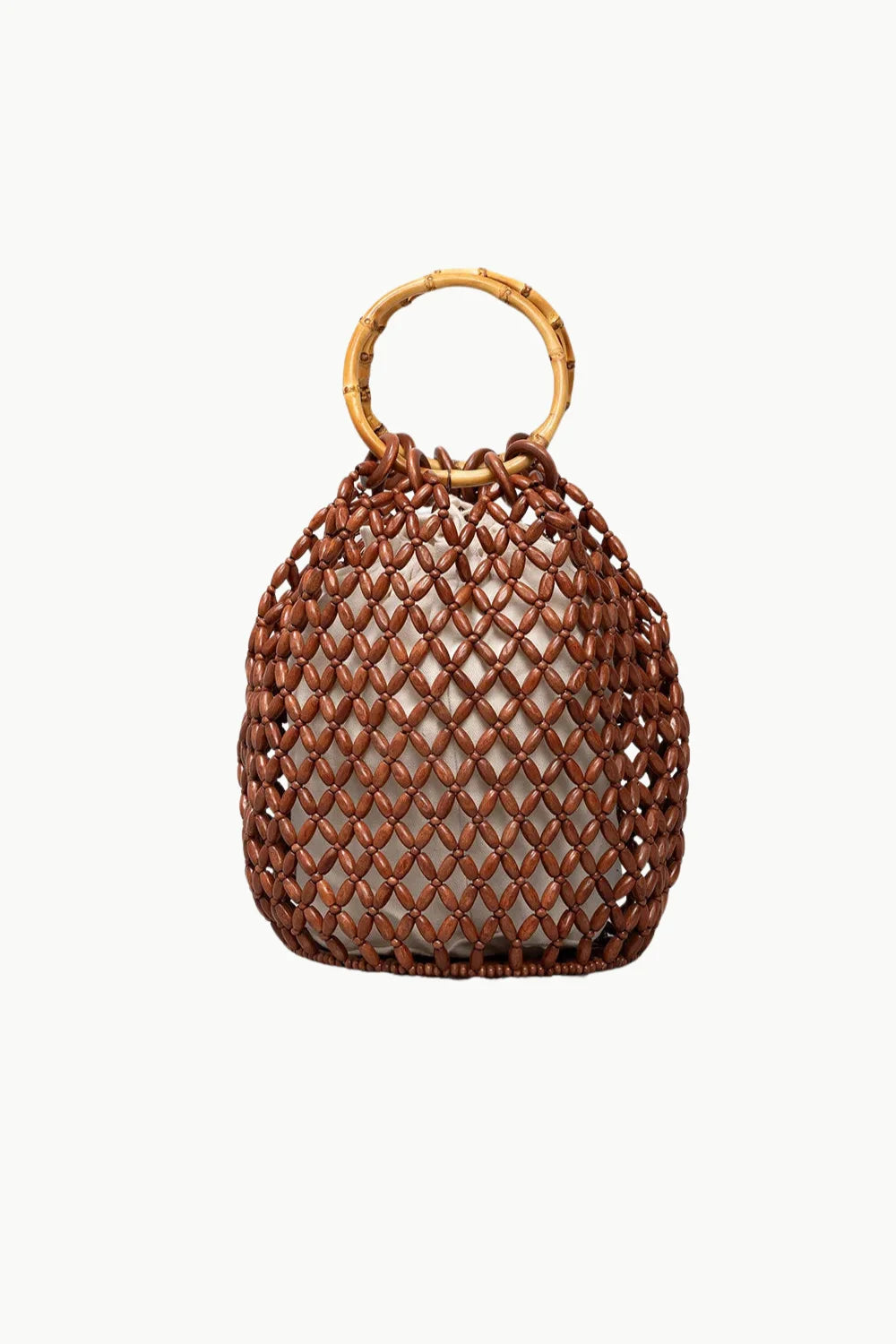 Brown woven net bucket bag with light inner pouch and round wooden bead handle