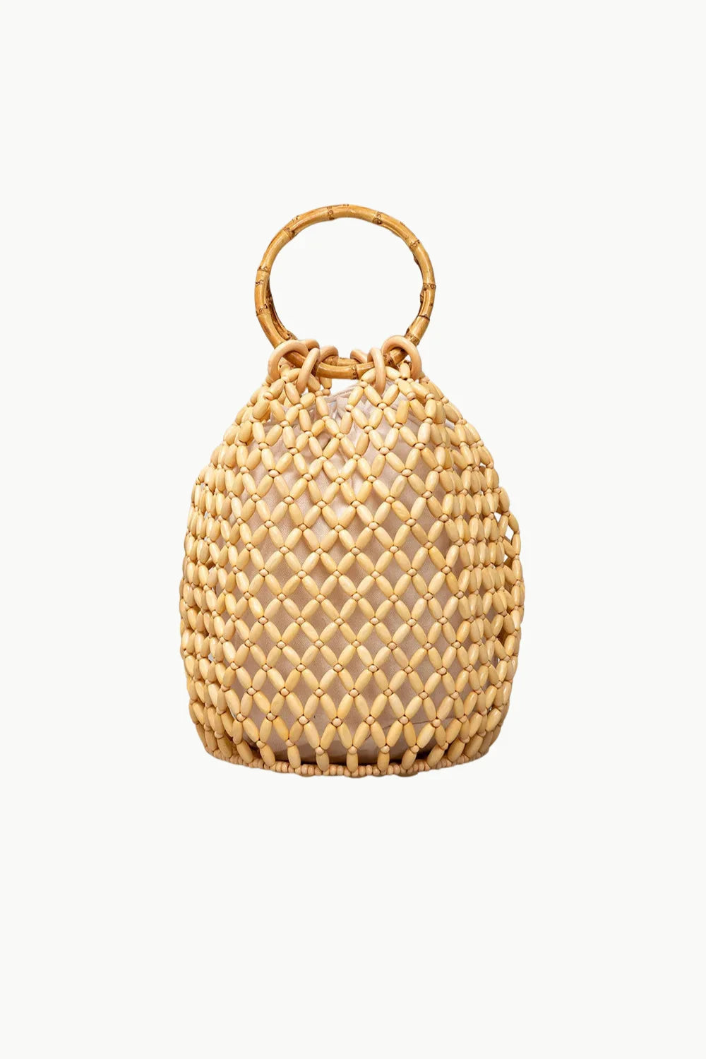 Light brown wooden bead bucket bag with round handle, stylish wooden bead accessory