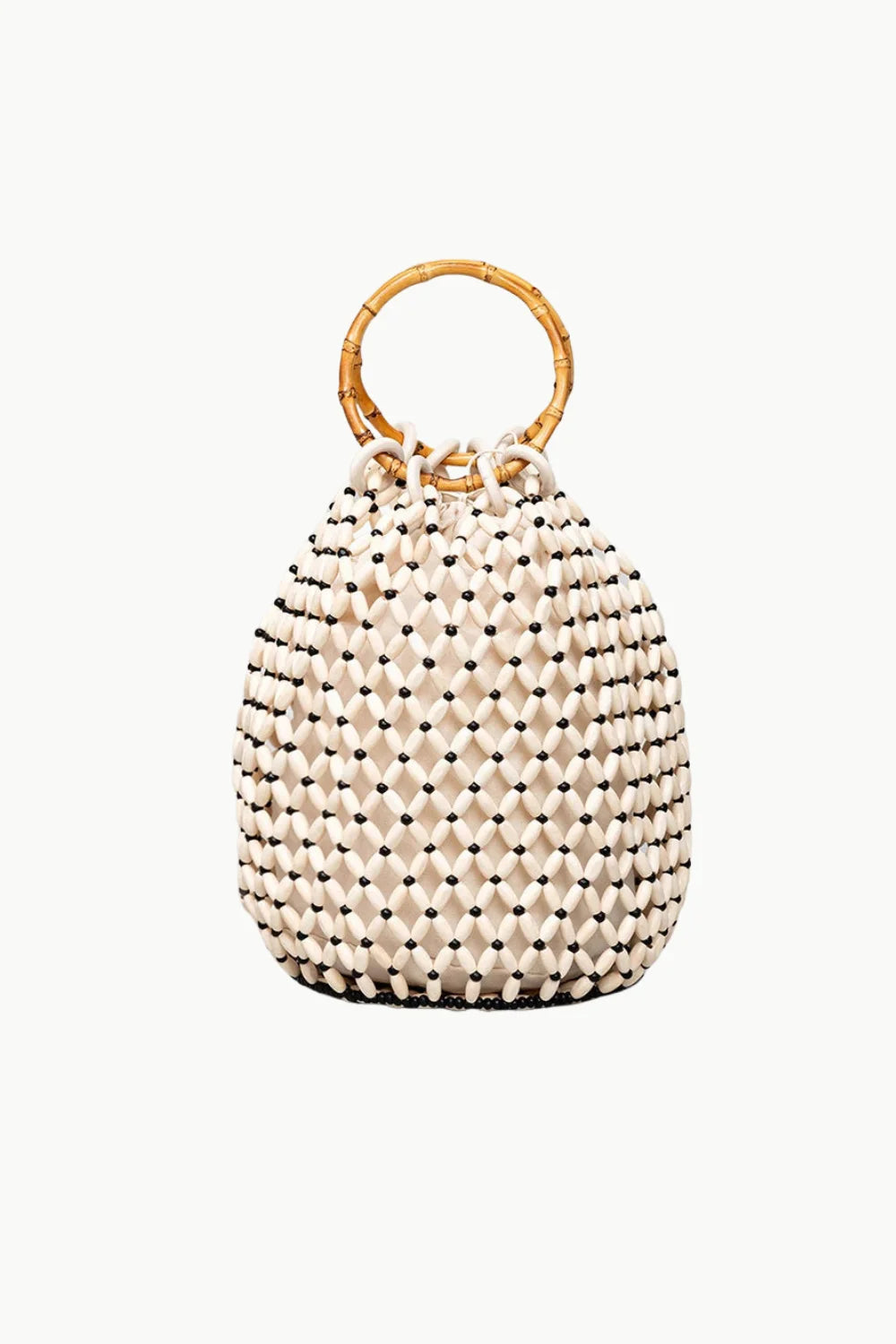 White beaded drawstring bucket bag with round wooden handle, stylish wooden bead bucket bag