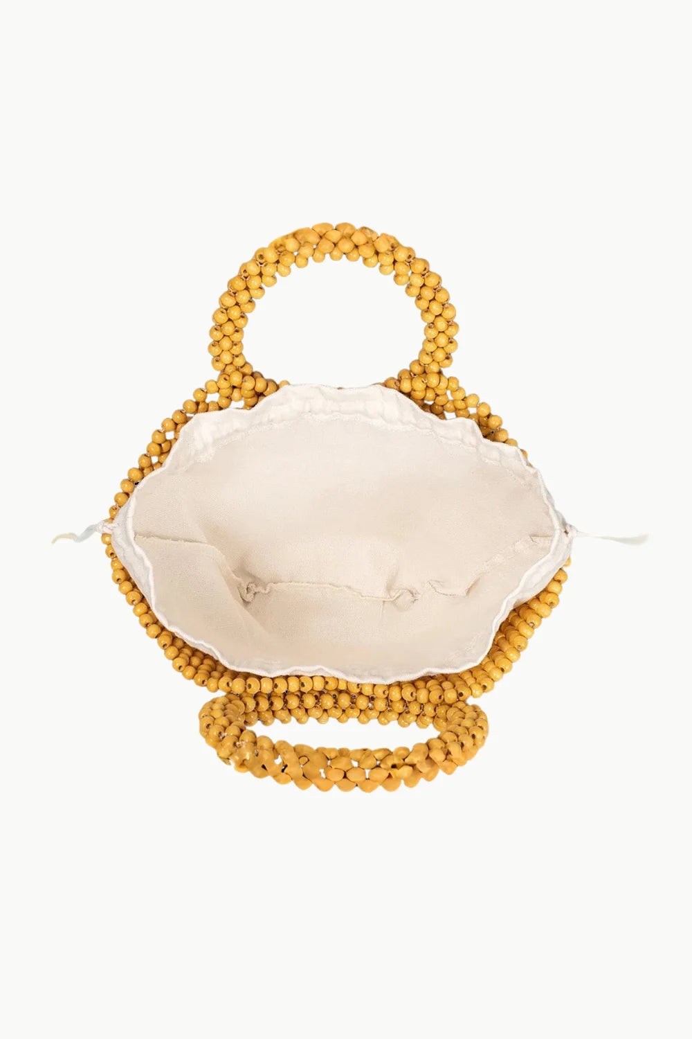 Top-down view of a light brown wooden bead handbag with white fabric lining