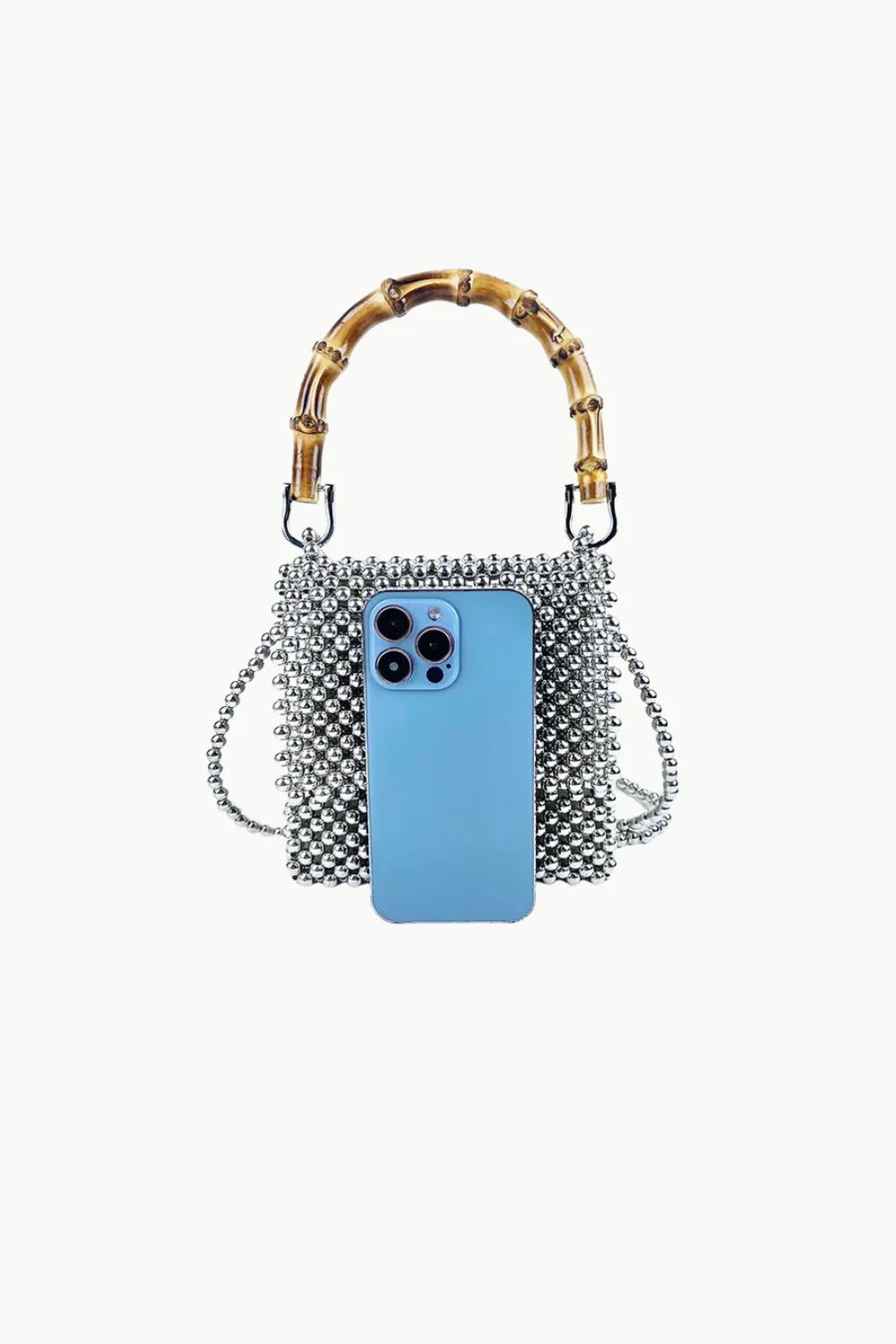 Silver beaded handbag with bamboo handle, wooden beaded bag for stylish accessories
