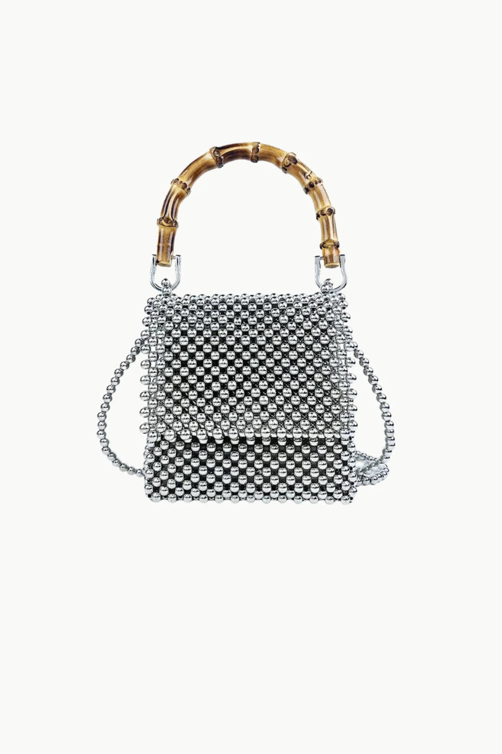 Silver beaded bag with bamboo top handle and chain strap, wooden beaded style
