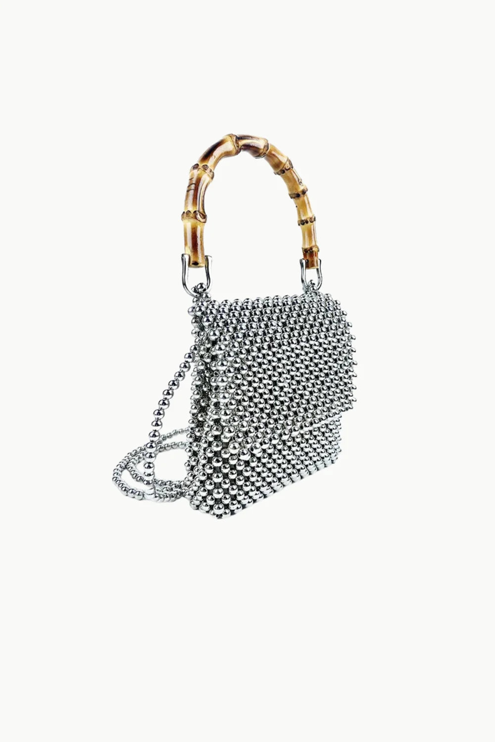Silver beaded handbag with bamboo handle and chain strap, wooden beaded bag style