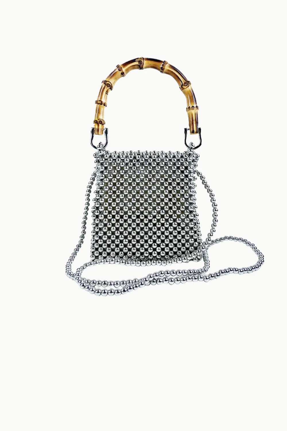 Silver beaded wooden beaded bag with bamboo top handle and long shoulder strap