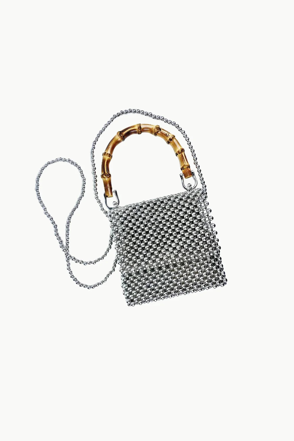 Silver beaded bag with bamboo handle and chain strap, wooden beaded bag accessory