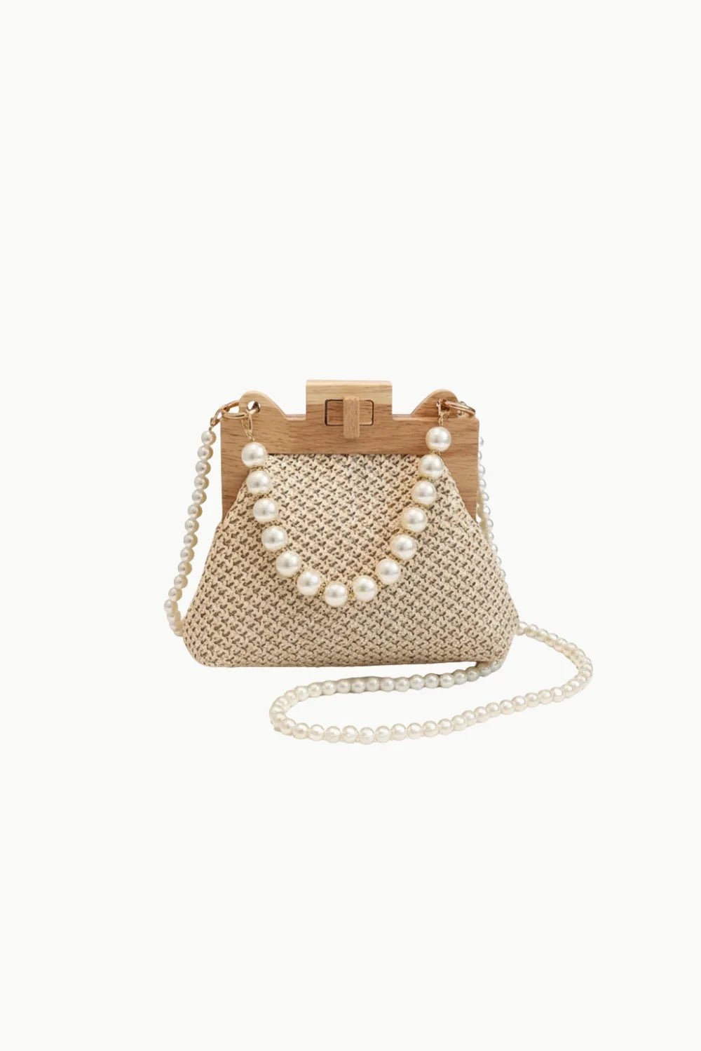 Beige woven straw frame clutch with pearl handle and cross-body strap, wooden beaded crossbody bag