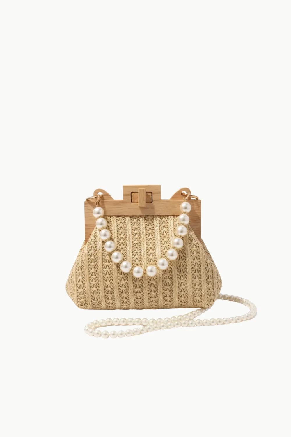 Straw clutch bag with pearl top handle and shoulder strap, wooden beaded crossbody style