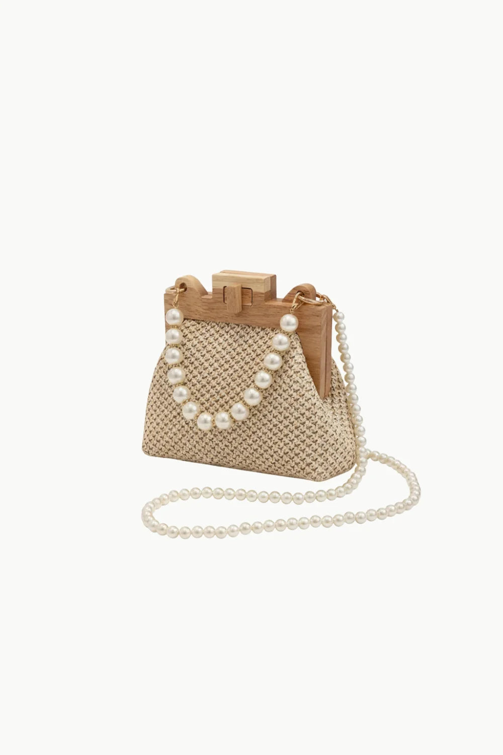 Straw-woven beaded crossbody bag with wooden frame and pearl top handle and strap