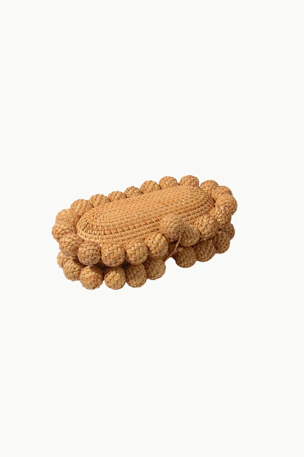 Wooden Beaded Purse: Light brown woven raffia clutch with bobble trim for stylish accessorizing