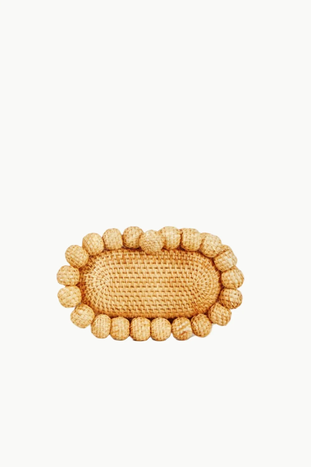 Woven rattan oval serving tray with decorative wooden beaded edge for wooden beaded purse