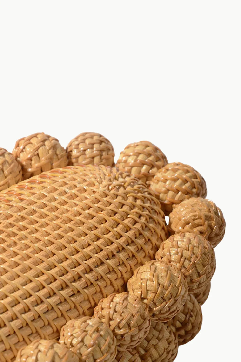 Wooden beaded purse with woven straw mat and spherical woven border detail