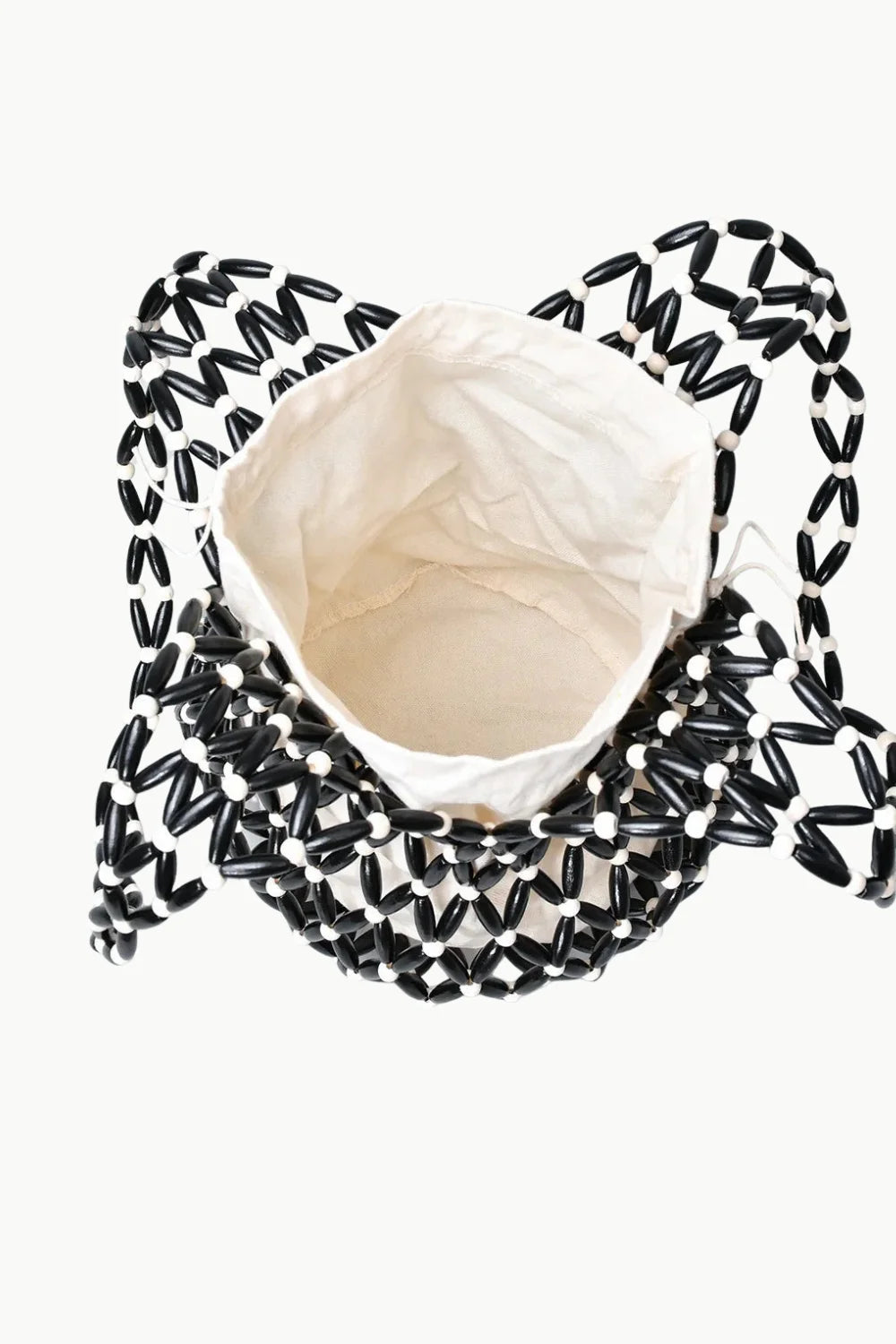 Black and white beaded tote bag with fabric lining, stylish beaded tote bag accessory