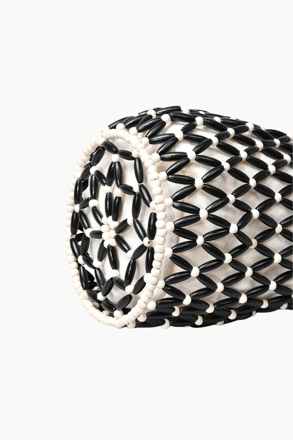 Black and white beaded tote bag with cylindrical design, perfect for stylish beaded tote accessories