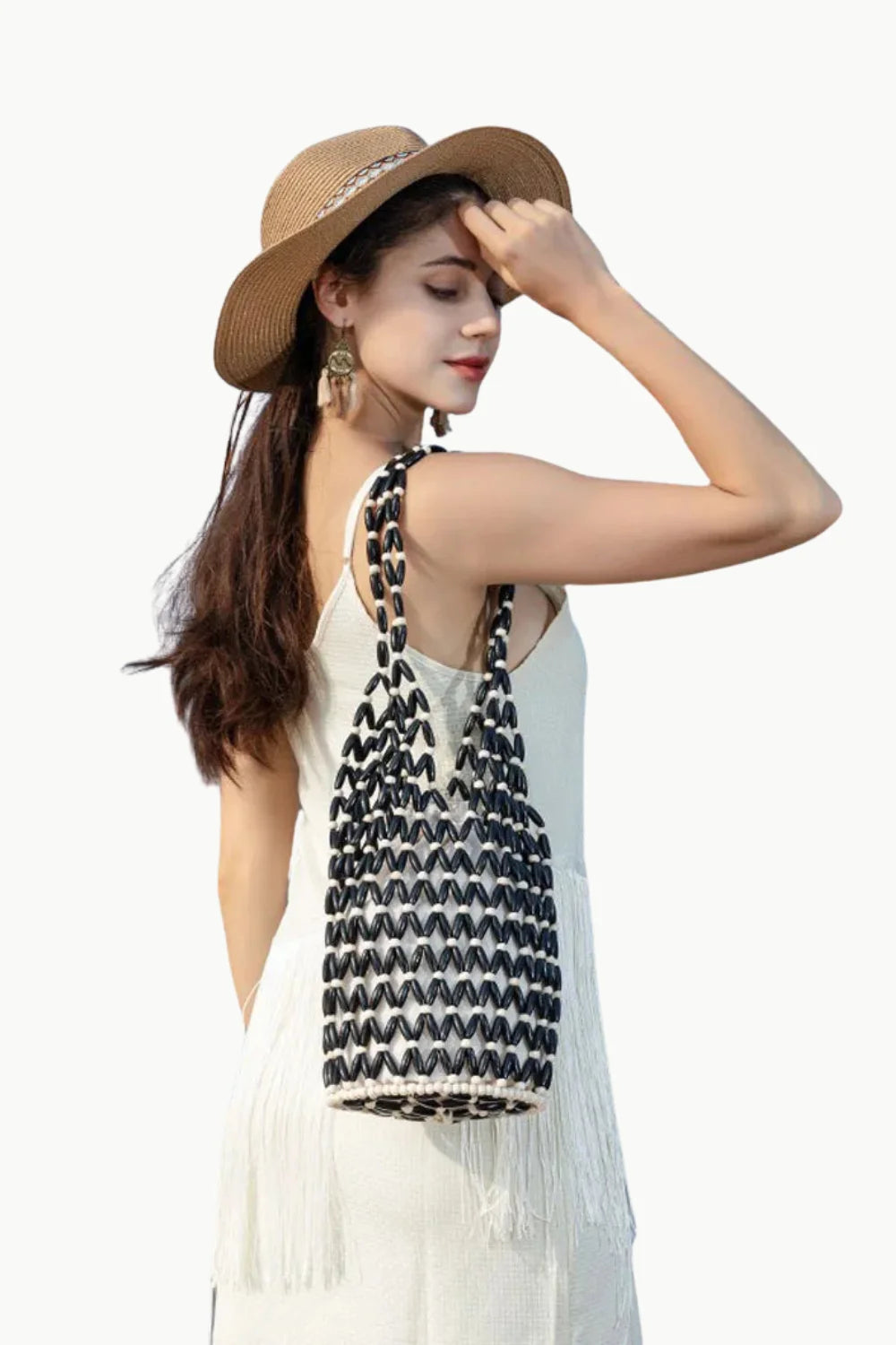 Black and white woven beaded tote bag with two straps, stylish beaded tote bag accessory