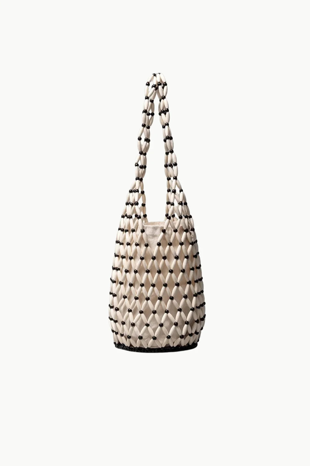 Cream-colored woven tote bag with black beaded accents, perfect beaded tote bag for style