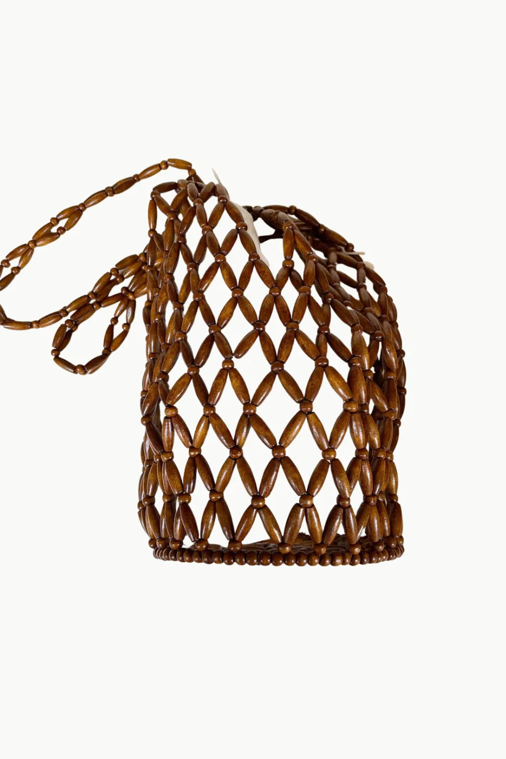 Dark brown Wooden Beaded Tote Bag with open weave design and shoulder strap